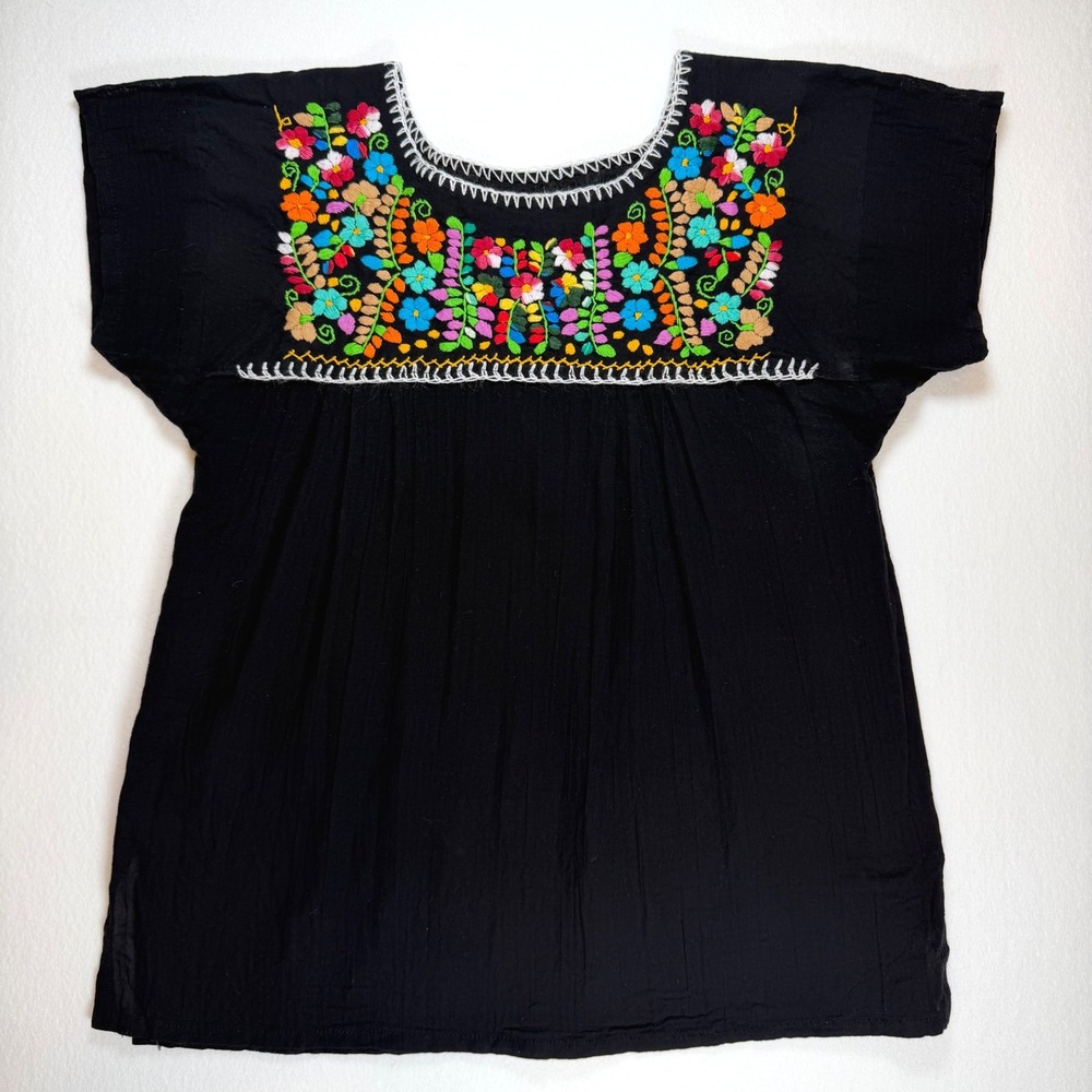 Mexican Peasant Blouse Black Floral Hand Embroidered Boho Top Short Sleeve